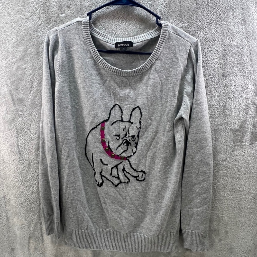 Gray French L Bulldog‎ Graphic Studded Pullover Sweater Punk Pet Frenchie Preppy